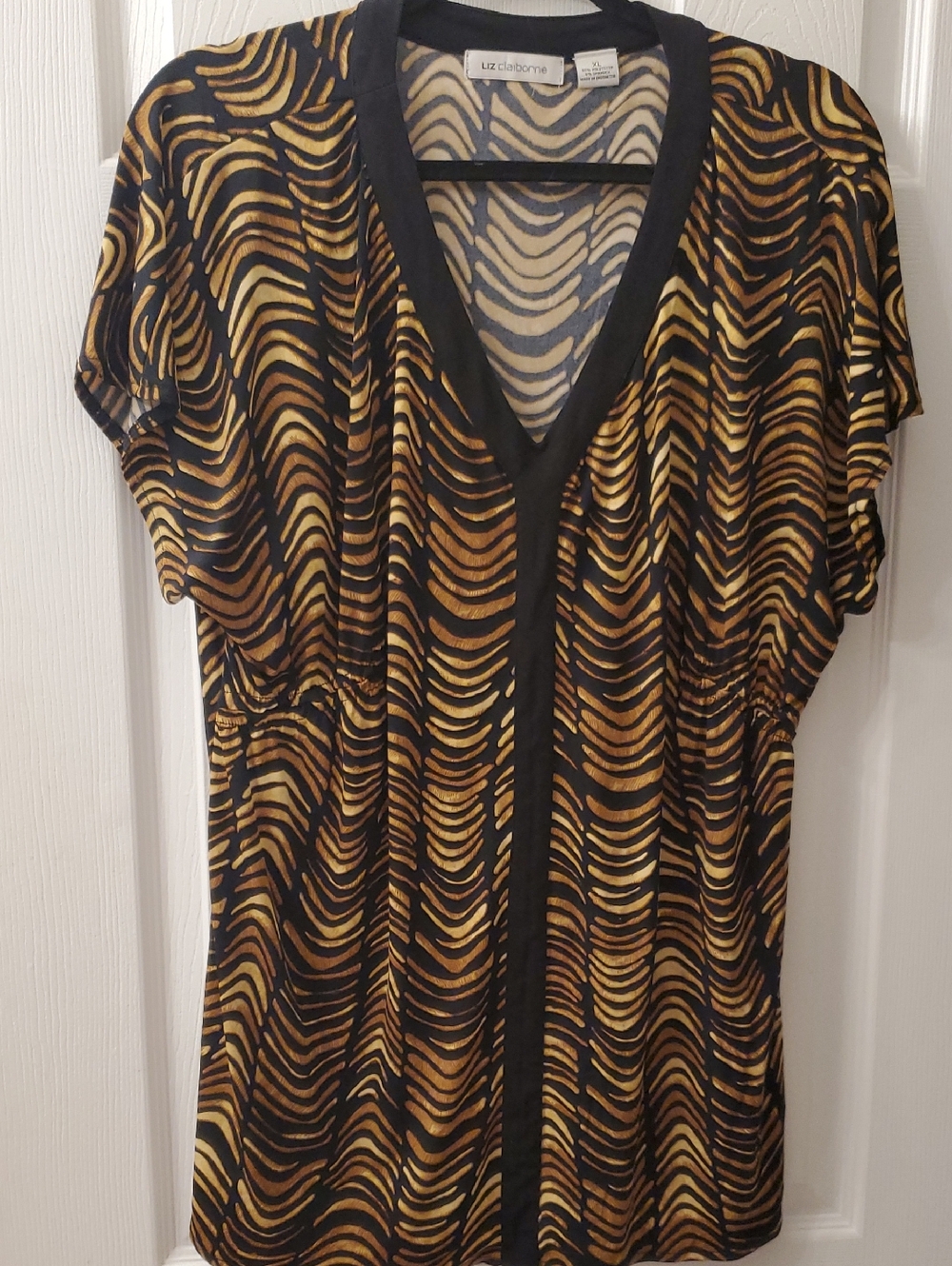 Liz Claiborne Black and Gold Wave-Print V-Neck Blouse